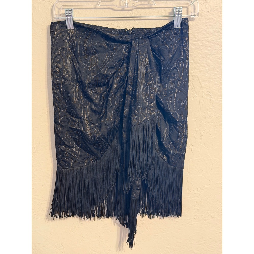 Zara Black Gold Paisley Jacquard Fringe Sarong Mini Skirt Womens Medium Boho